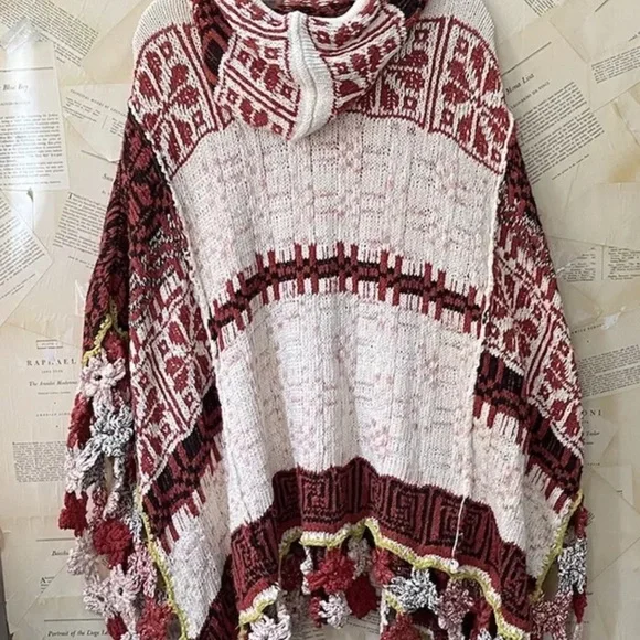 Free People Craft Poncho Sweater Hooded Drawstring Gardenia Spice Combo - Picture 6 of 6